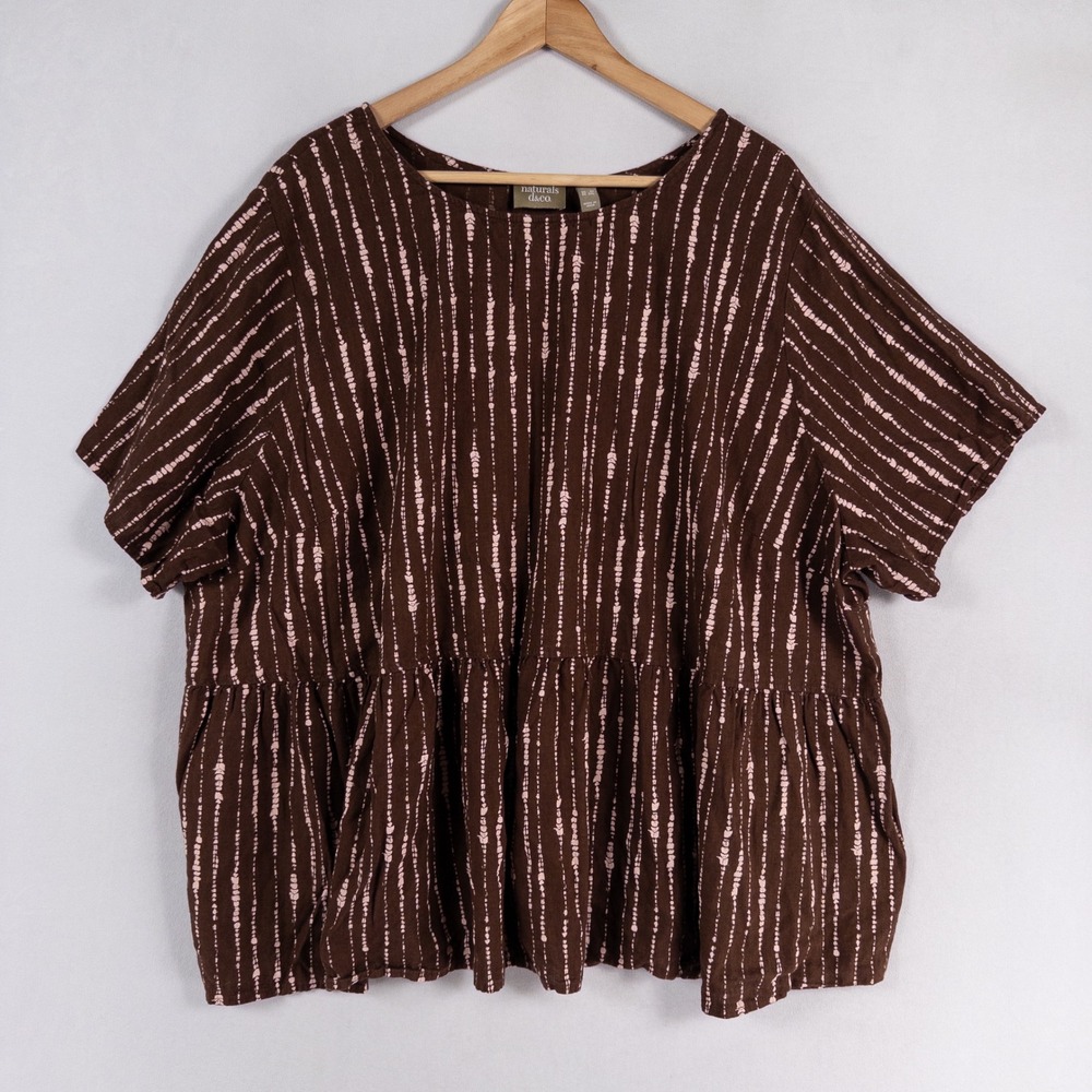 Naturals d&co Peplum Top Womens 3X Brown Pink Linen Blend Short Sleeve Boho